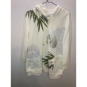 Zenergy by Chico's Zip Up Hoodie Women's 2 /L/12 Cream Green Leaf Print